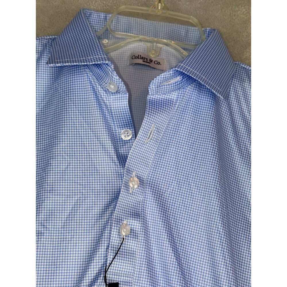 Collars & Co.‎ Men's Light Blue Gingham Polo Shirt Medium Short Sleeve Button Up